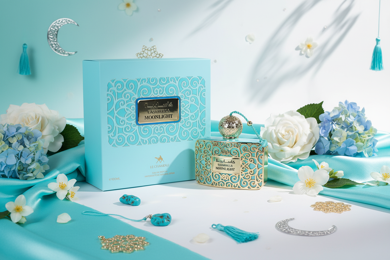 Set de perfume Le Chameau Casabella Moonlight: caja turquesa y frasco con tapa metálica