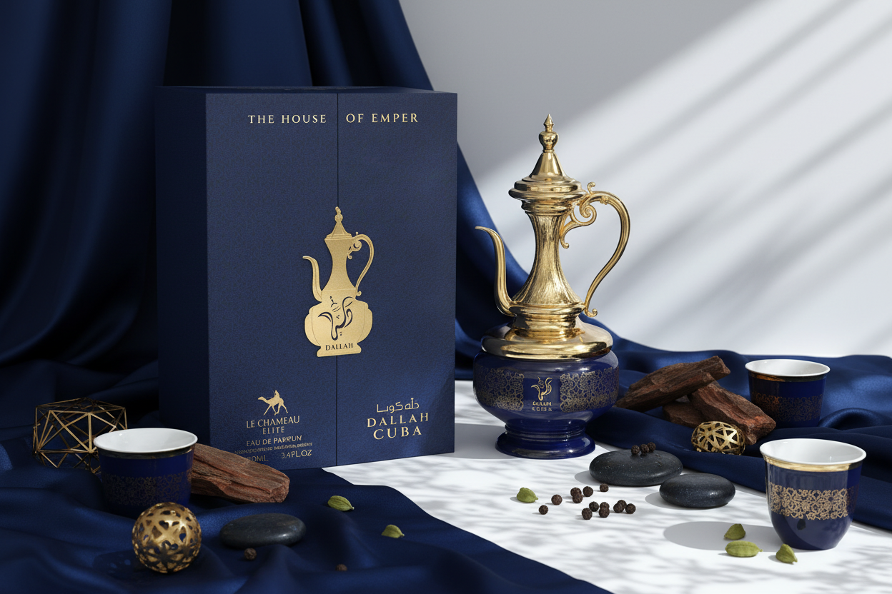 Perfume Le Chameau Dallah Cuba en caja azul y frasco decorativo dorado con tapa
