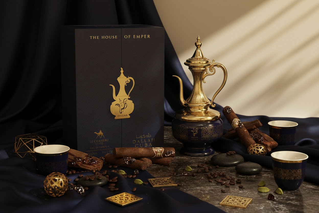 Caja de perfume con dallah dorado, tazas y granos de café sobre tela