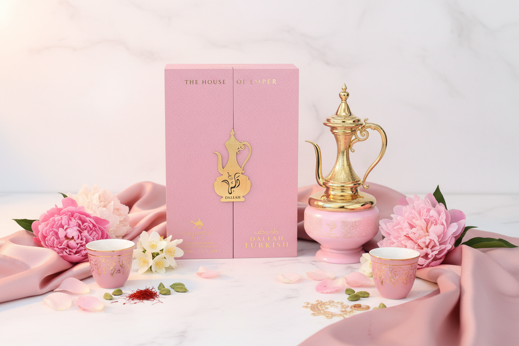 Perfume Le Chameau Elite Dallah Turkish: caja rosa y botella dorada con tazas