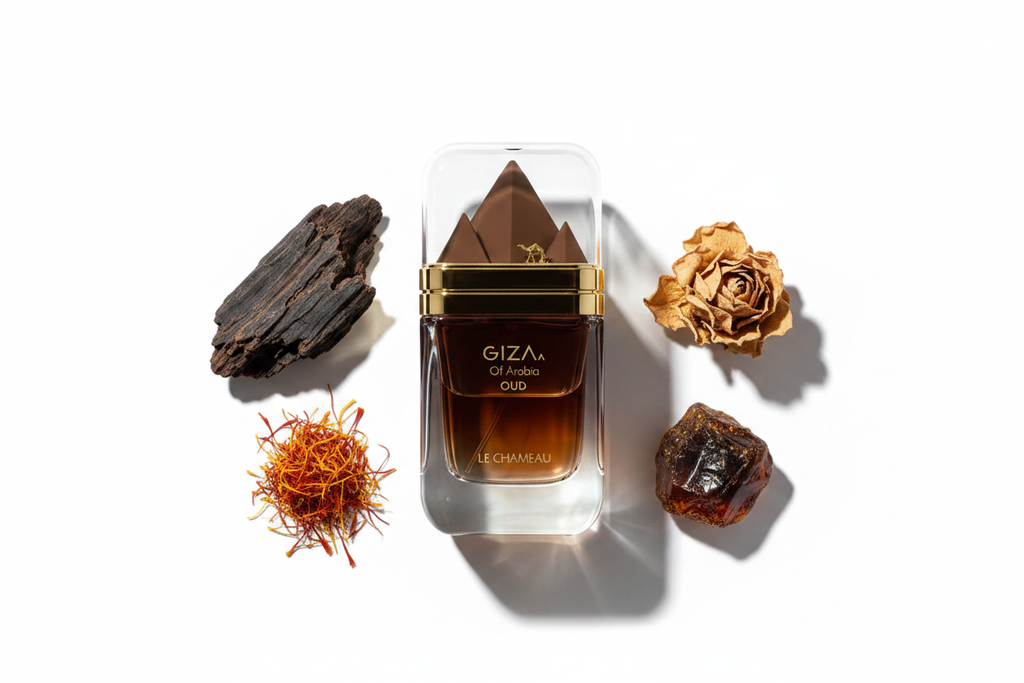 Le Chameau Giza of Arabia Oud — Notes Flat Lay