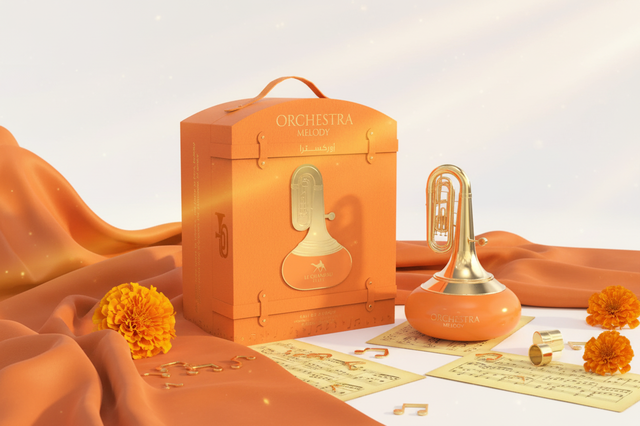 Perfume unisex en spray con frasco dorado y caja color naranja Orchestra Melody