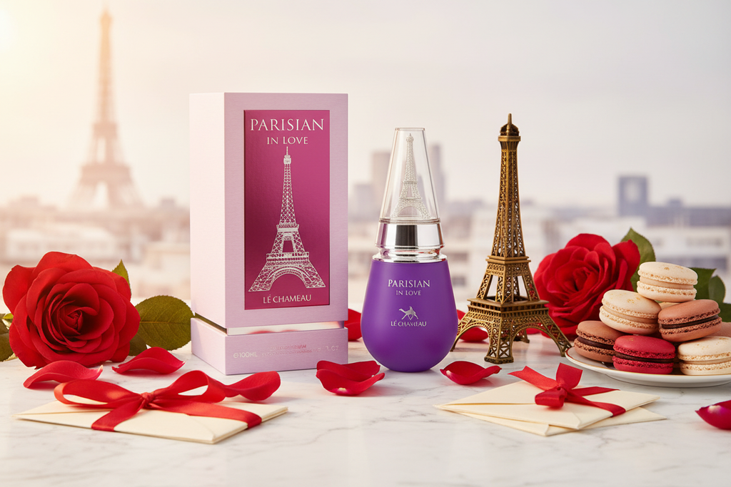 Perfume Le Chameau con caja morada y frasco con tapa plateada, junto a rosas.