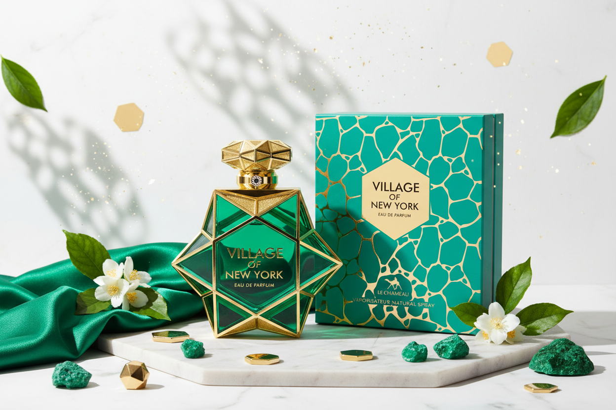 Perfume Eau de Parfum en frasco verde con tapa dorada y caja a juego