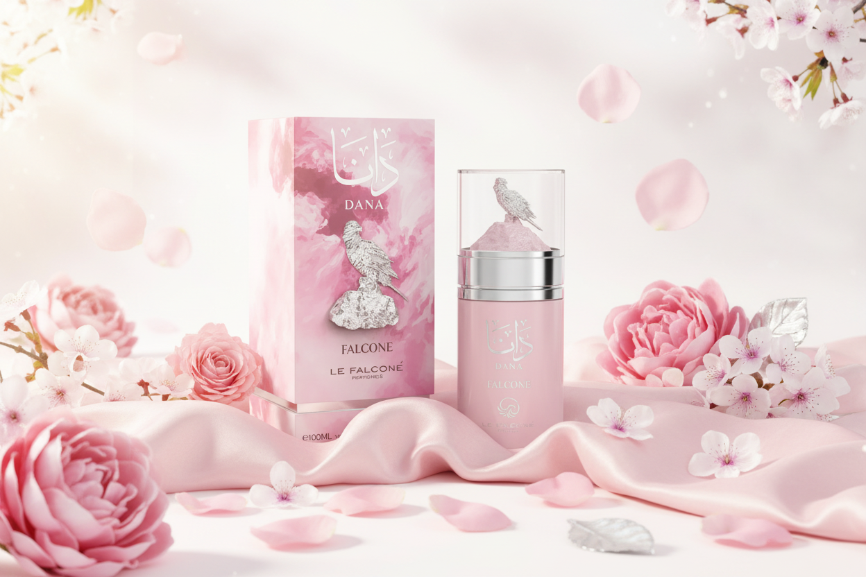 Agua de perfume Le Falcone Dana en frasco rosa con tapa plateada y caja