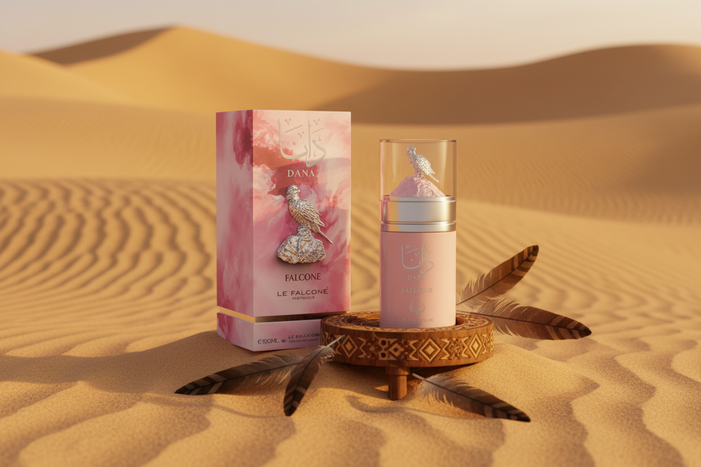 Perfume Le Falcone Dana Eau de Parfum: frasco y caja rosa, sobre base decorativa