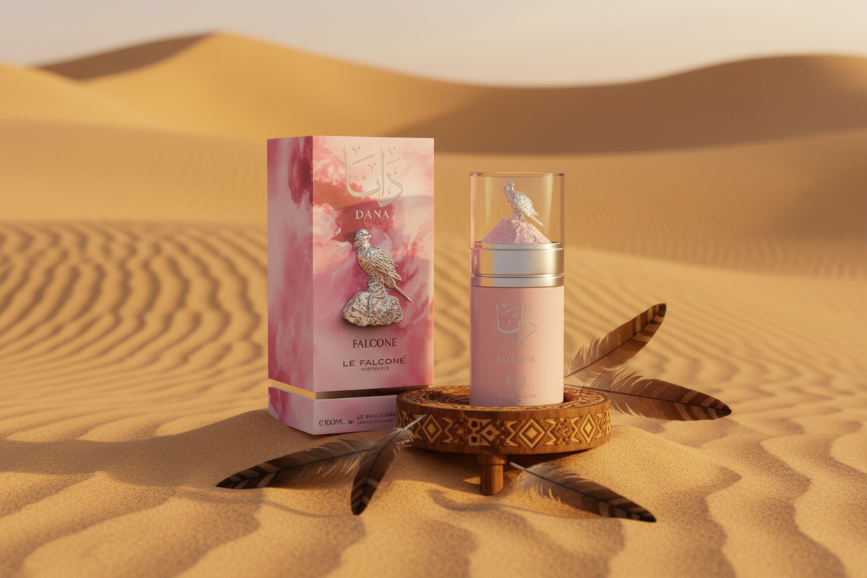 Perfume Le Falcone Dana Eau de Parfum: frasco y caja rosa, sobre base decorativa