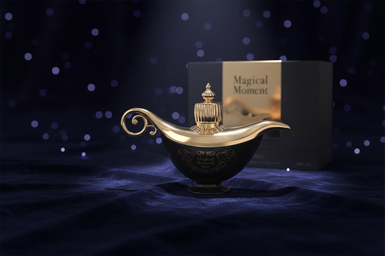 Perfume unisex en frasco negro y dorado con atomizador, estilo elegante