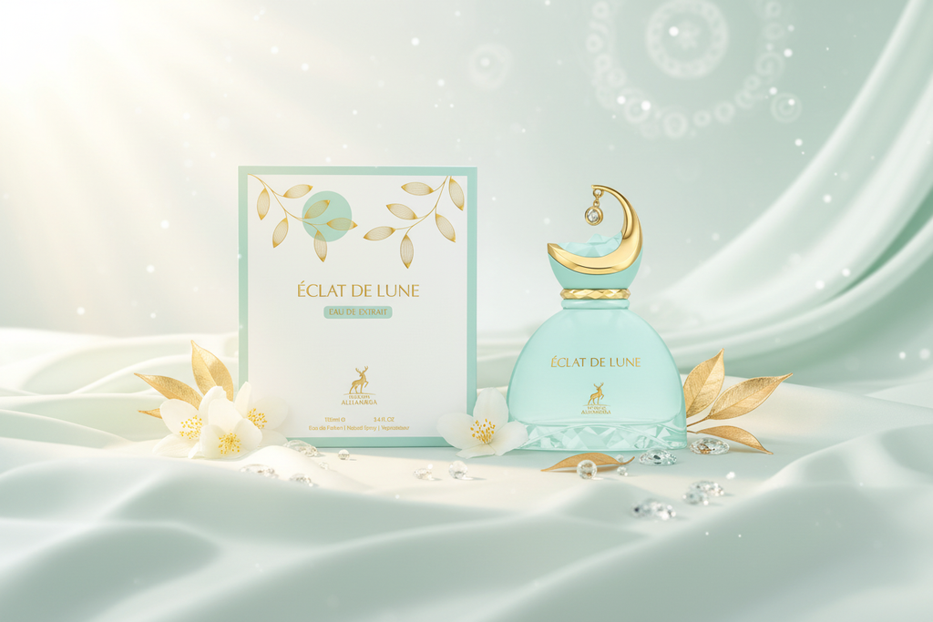 Perfume Maison Alhambra Éclat de Lune en frasco de vidrio turquesa con caja
