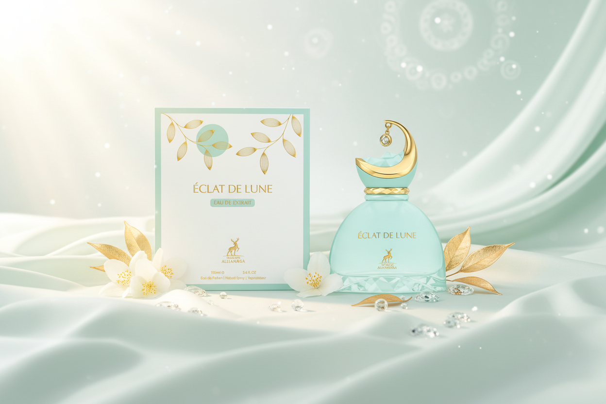 Perfume Maison Alhambra Éclat de Lune en frasco de vidrio turquesa con caja