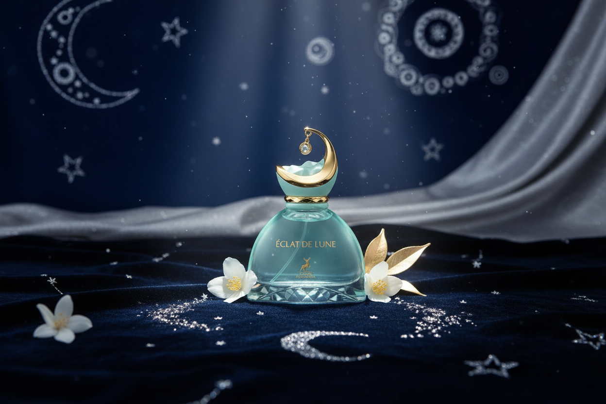 Eau de Parfum Éclat de Lune de Maison Alhambra, frasco azul con tapa dorada