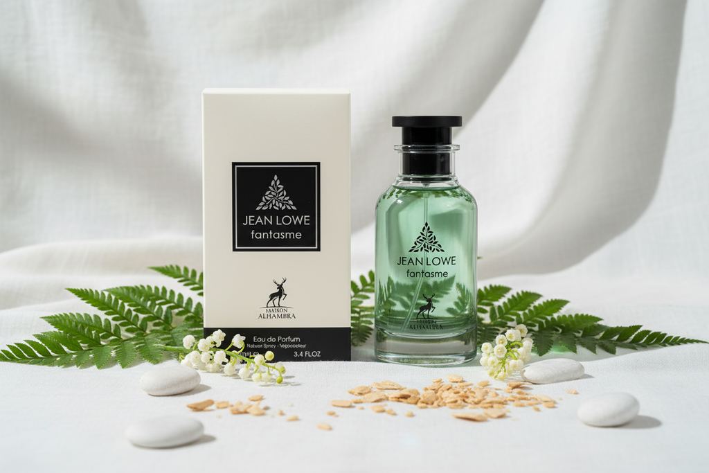Eau de parfum Maison Alhambra Jean Lowe Fantasme en frasco verde con caja beige.