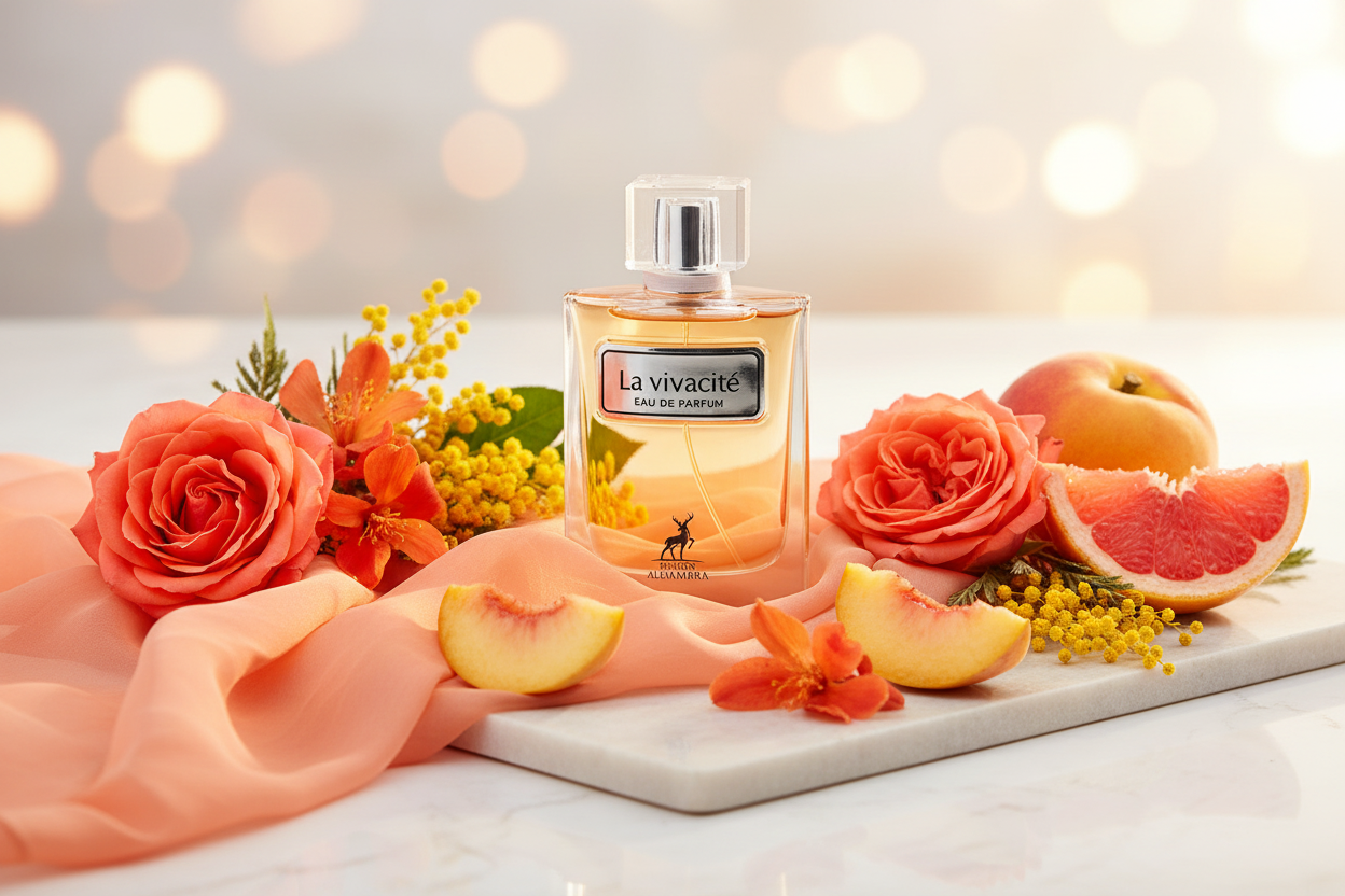 Eau de parfum Maison Alhambra La Vivacité en frasco ámbar con atomizador transparente.