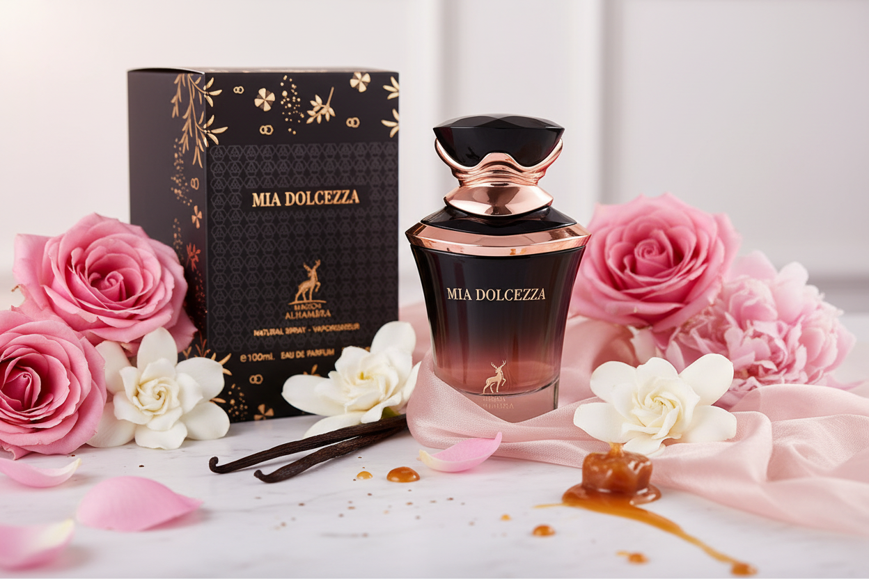 Botella y caja de perfume Maison Alhambra Mia Dolcezza, con rosas alrededor.
