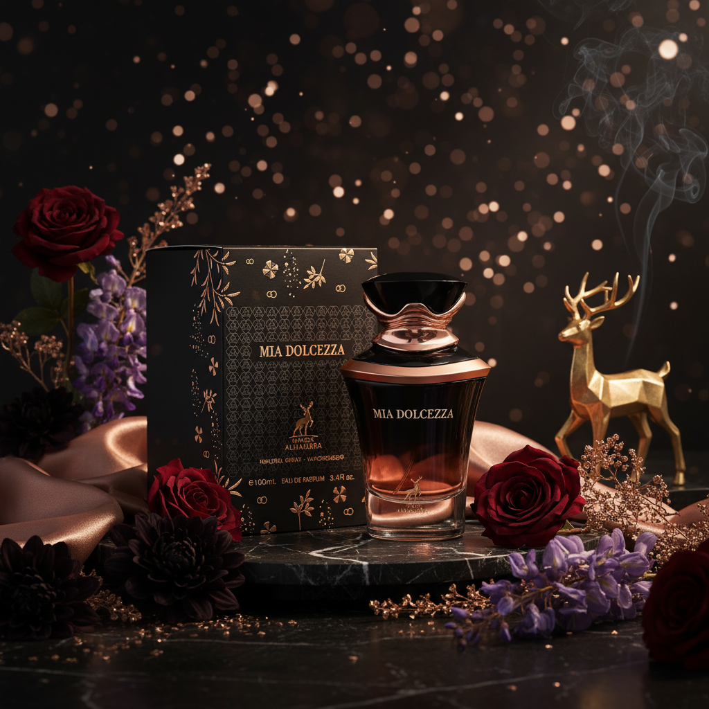Perfume Eau de Parfum Mia Dolcezza, frasco transparente con tapa negra y detalles dorados
