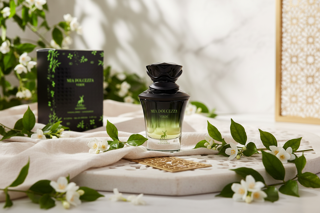 Perfume Eau de Parfum Maison Alhambra con atomizador y frasco negro y verde