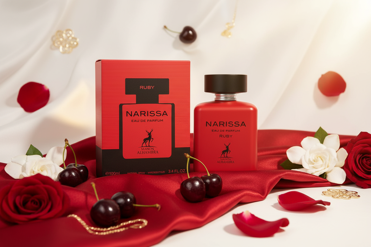 Eau de parfum Narissa Ruby de Maison Alhambra: frasco rojo y caja roja