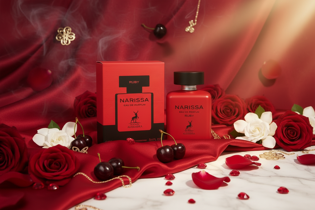 Eau de parfum Maison Alhambra Narissa Ruby: frasco rojo con tapa negra y caja roja
