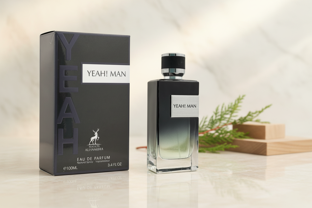 Perfume Eau de Parfum Maison Alhambra Yeah! Man en frasco con tapa negra y caja negra