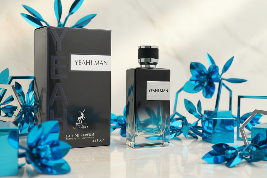 Perfume Maison Alhambra Yeah! Man Eau de Parfum en frasco transparente con caja negra.