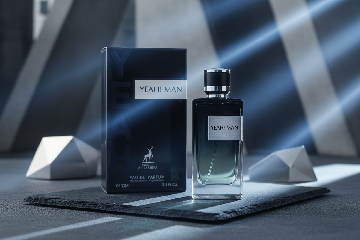 Perfume Maison Alhambra Yeah! Man Eau de Parfum, frasco oscuro con etiqueta blanca y caja.