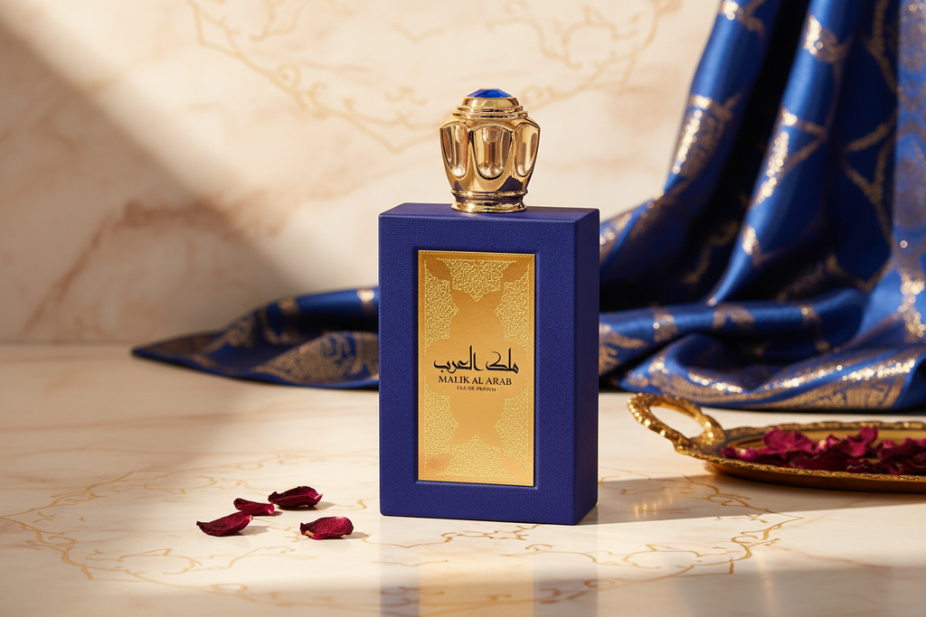 Frasco de eau de parfum Al Fares Malik Al Arab 100 ml con etiqueta dorada y tapa