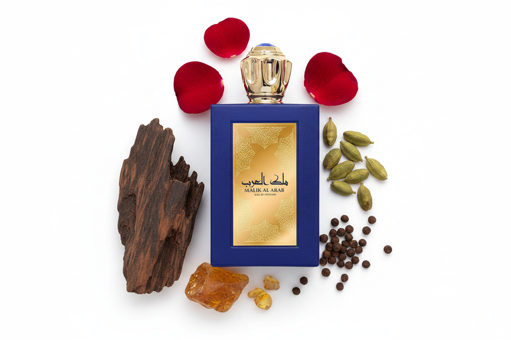 Frasco de eau de parfum Al Fares Malik Al Arab 100 ml, tapa dorada, azul