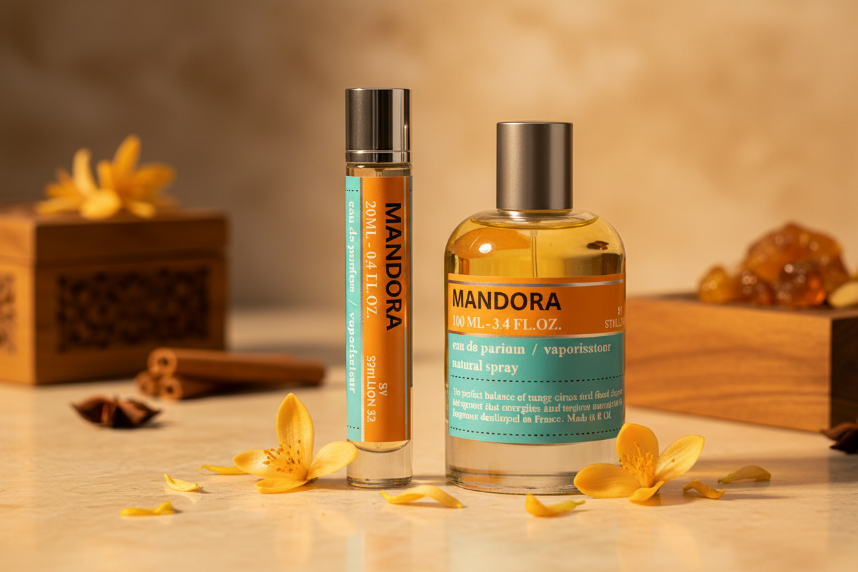 Perfume Mandora de Stallion: frasco 100 ml y 20 ml, con flores