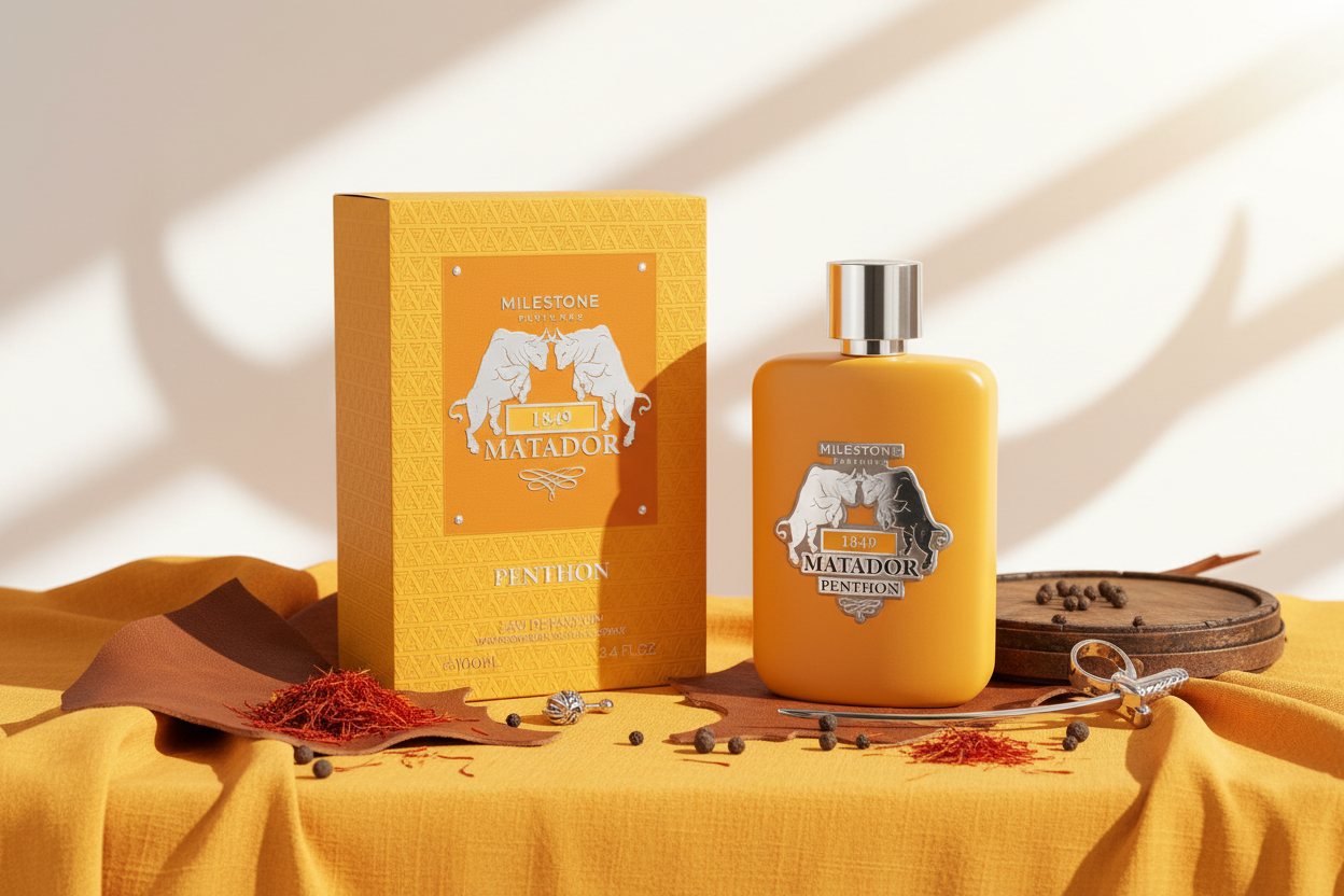 Perfume EDP en frasco naranja con tapa plateada y caja naranja