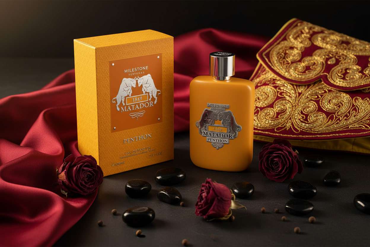 Milestone 1849 Matador Penthon: frasco de Eau de Parfum amarillo y caja