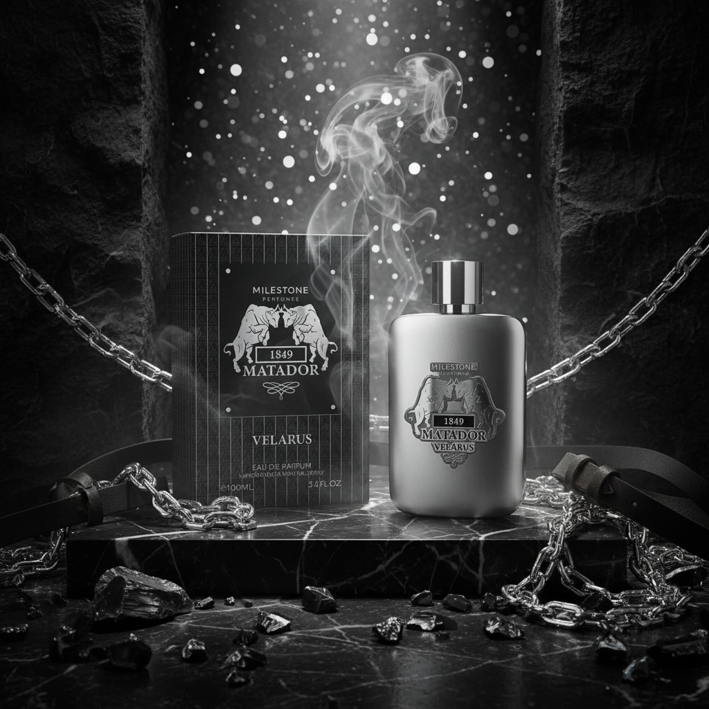 Frasco de Eau de Parfum Velarus 1849 Matador con atomizador plateado y humo sobre caja negra