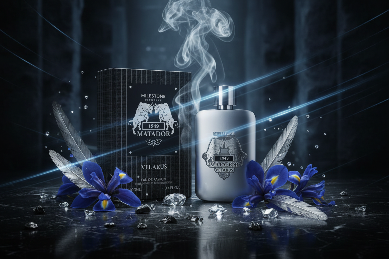 Eau de Parfum en frasco plateado con caja y empaque, plumas y flores azules