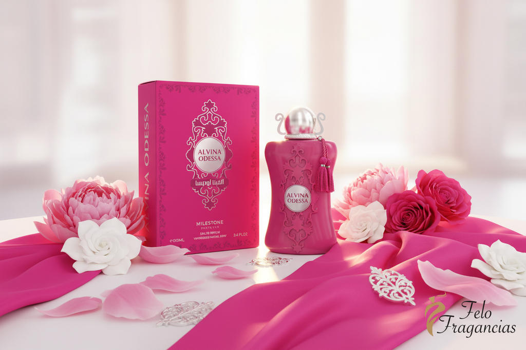 Eau de parfum Milestone Alvina Odessa de 100 ml, caja y frasco rosa