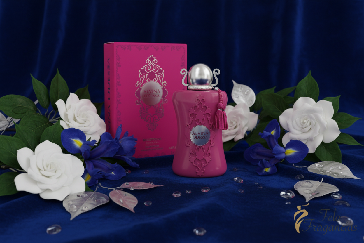 Eau de Parfum Milestone Alvina Odessa con caja y frasco rosa, atomizador plateado.