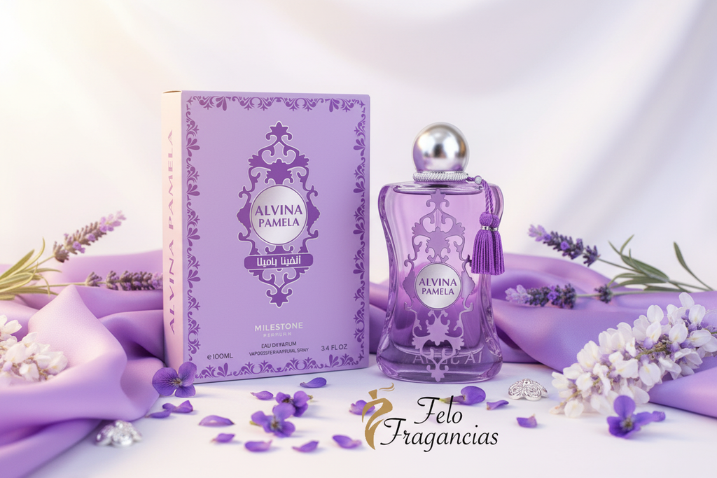Eau de Parfum Milestone Alvina Pamela, frasco morado con borla y caja morada