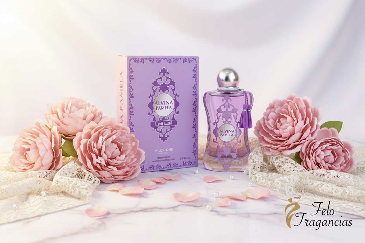 Eau de Parfum Milestone Alvina Pamela 100 ml: frasco morado con caja morada