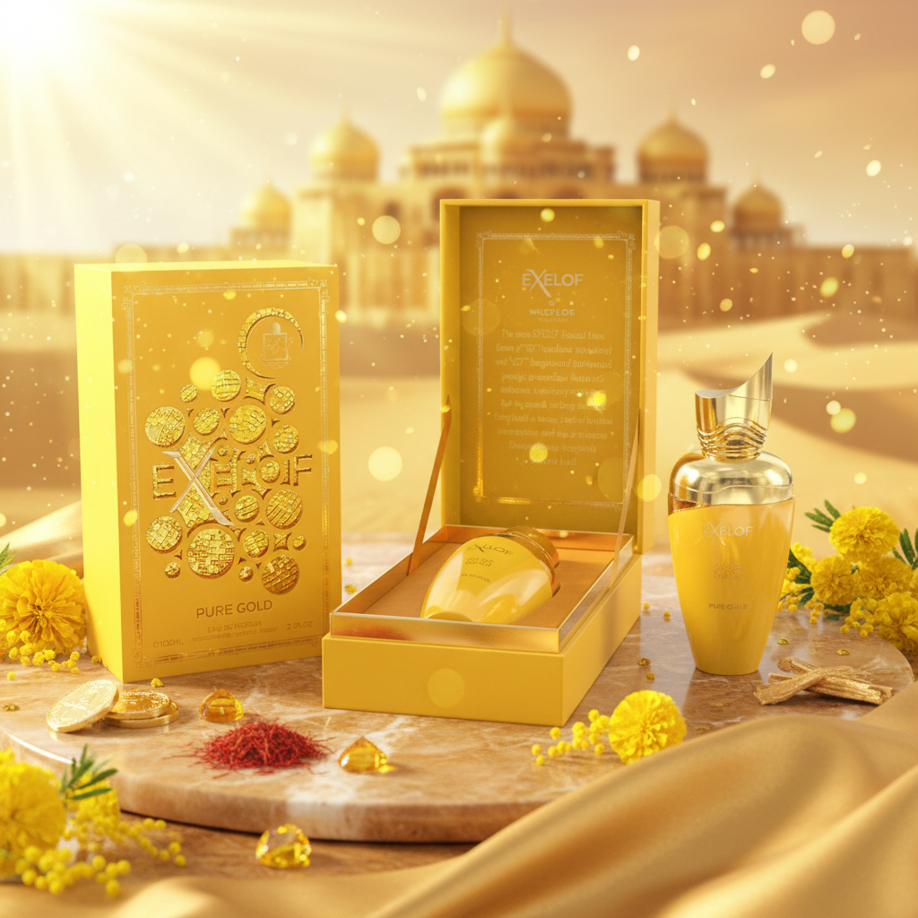 Frasco de Eau de Parfum Exelof Pure Gold 100 ml y caja dorada