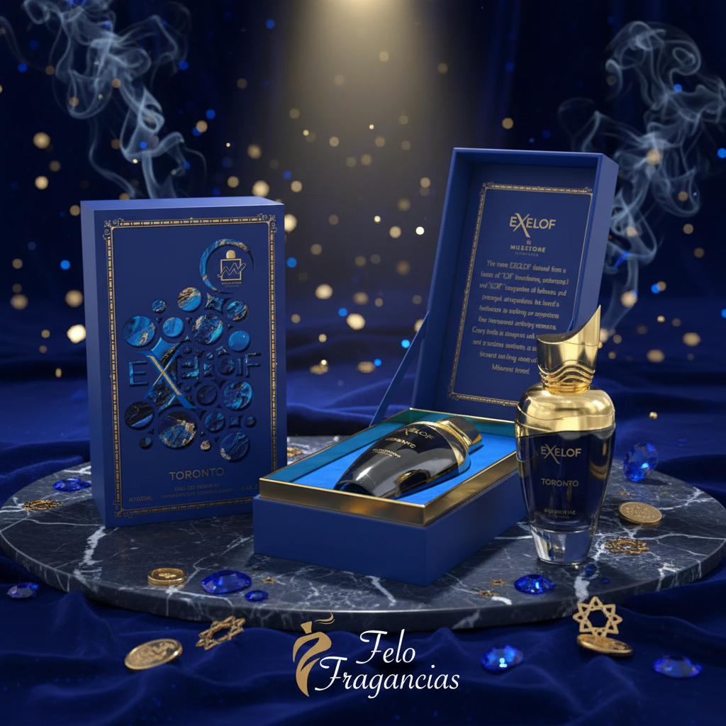Eau de Parfum Exelof Toronto 100 ml: frasco y caja azul con detalles dorados