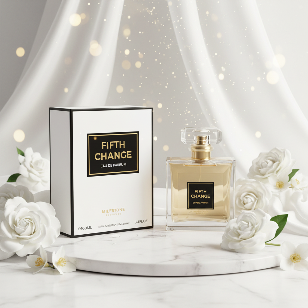 Perfume Eau de Parfum: caja blanca y frasco de vidrio con tapa dorada