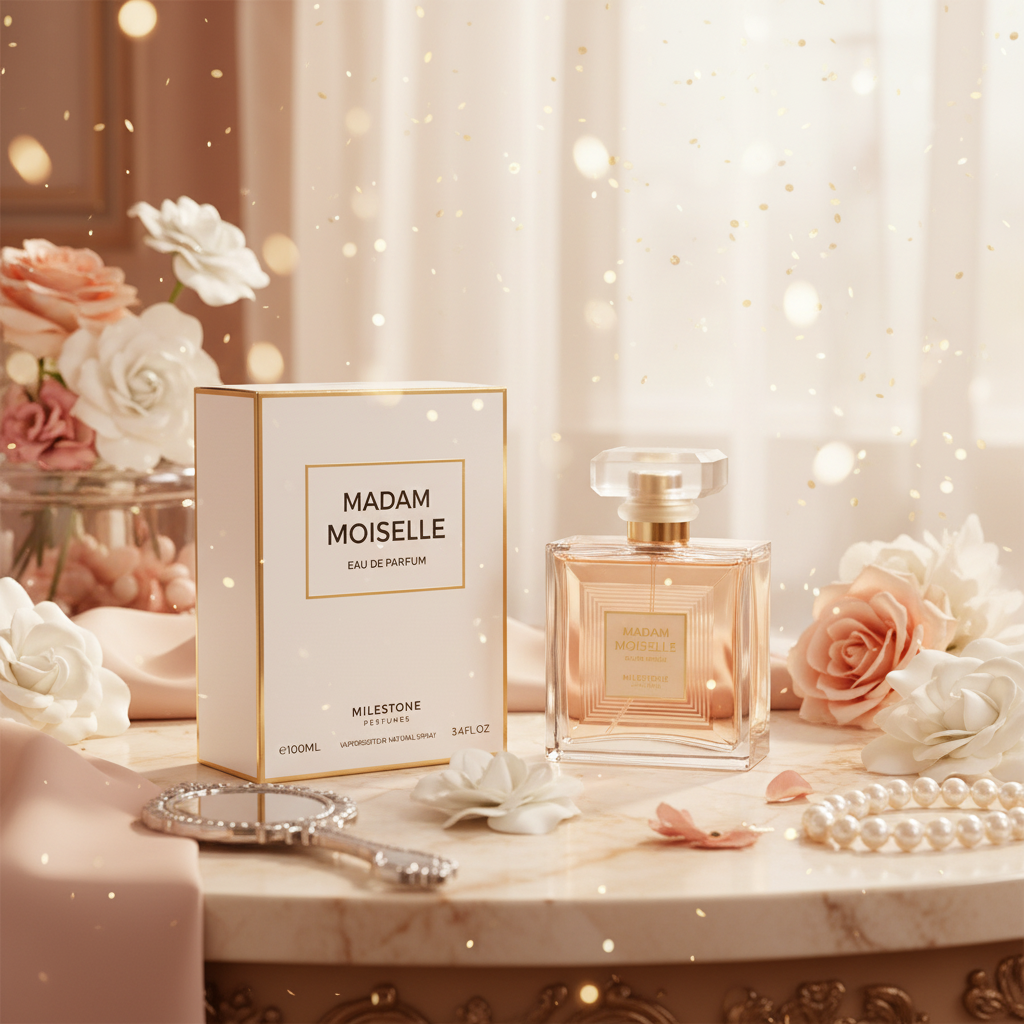 Perfume Eau de Parfum en frasco de vidrio y caja con etiqueta dorada