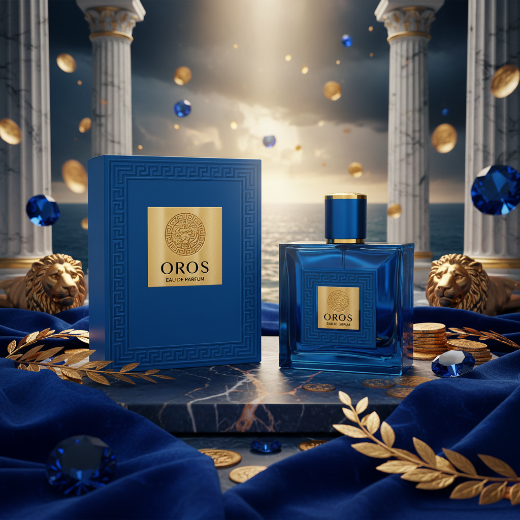 Eau de Parfum Oros: frasco azul con tapa dorada y caja azul a juego