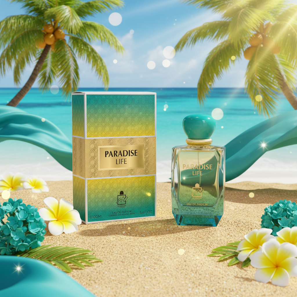 Eau de parfum Paradise Life en frasco turquesa con caja, 100 ml.