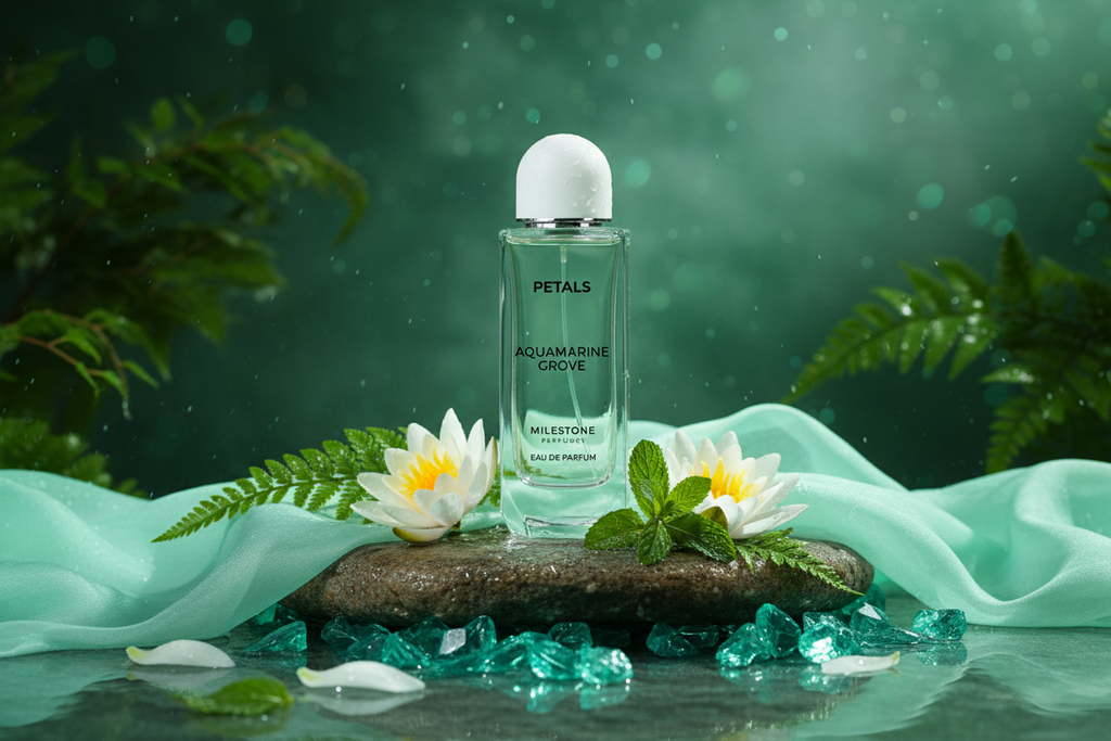 Frasco de perfume Milestone Petals Aquamarine Grove con flores y gotas sobre tela verde