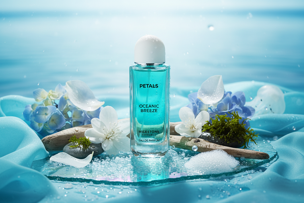 Eau de Parfum Milestone Petals Oceanic Breeze 100 ml, frasco turquesa con flores