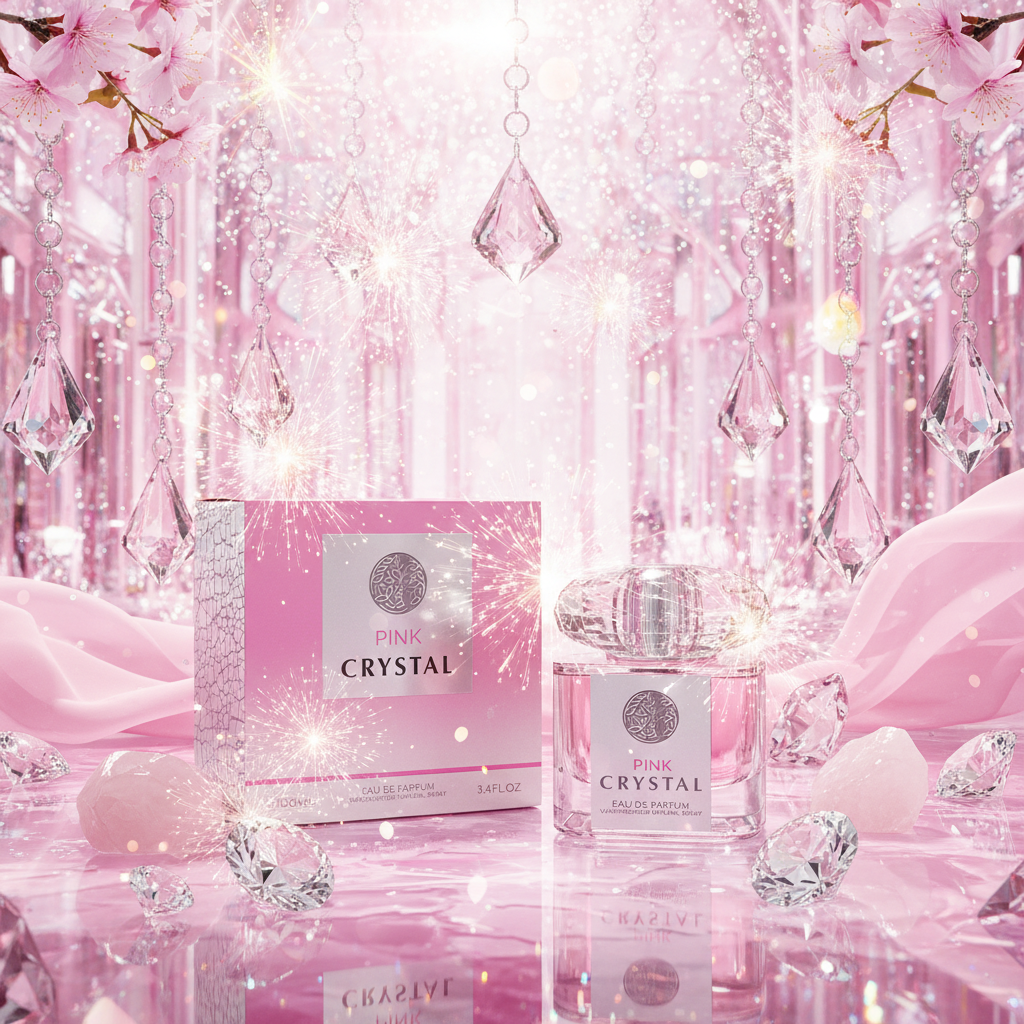Perfume Milestone Pink Crystal Eau de Parfum 100 ml con frasco y caja, color rosa.