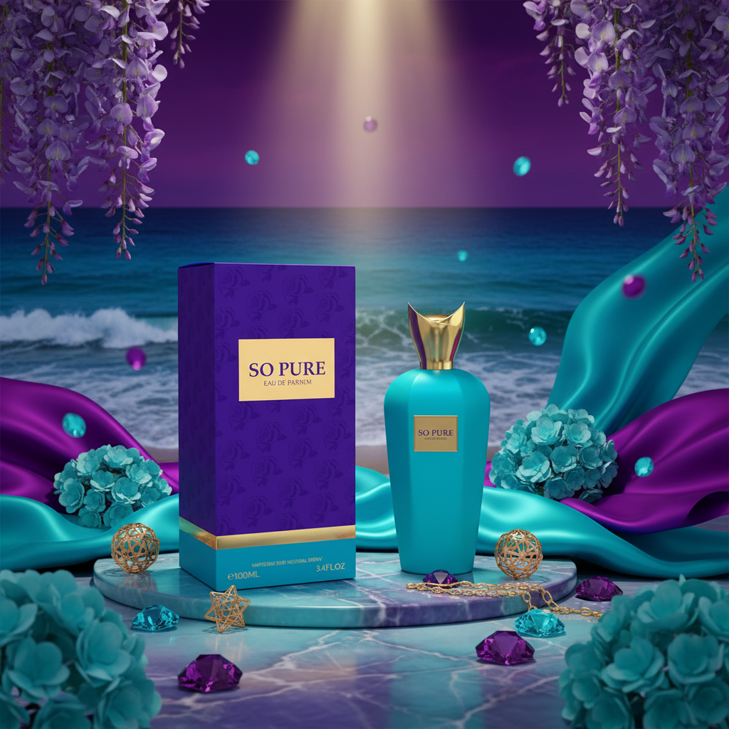 Perfume Milestone So Pure: botella turquesa con tapa dorada y caja morada.