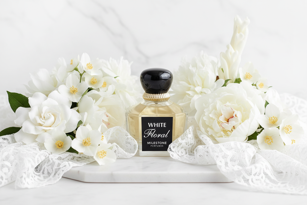 Perfume Milestone White Floral, frasco 100 ml con etiqueta y tapa negra