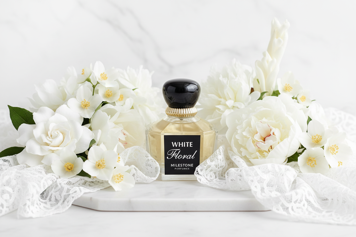 Perfume Milestone White Floral, frasco 100 ml con etiqueta y tapa negra