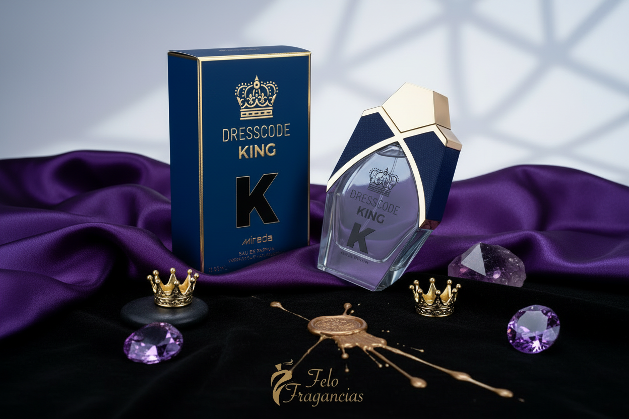 Perfume Mirada Dresscode King: caja azul y frasco con 'K' sobre tela morada