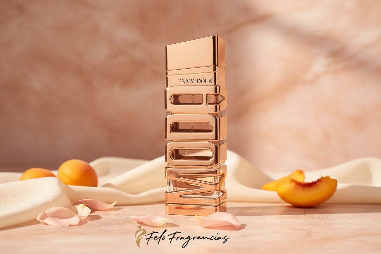 Eau de parfum 100 ml, frasco dorado con tapón cuadrado y etiqueta Is My Idole